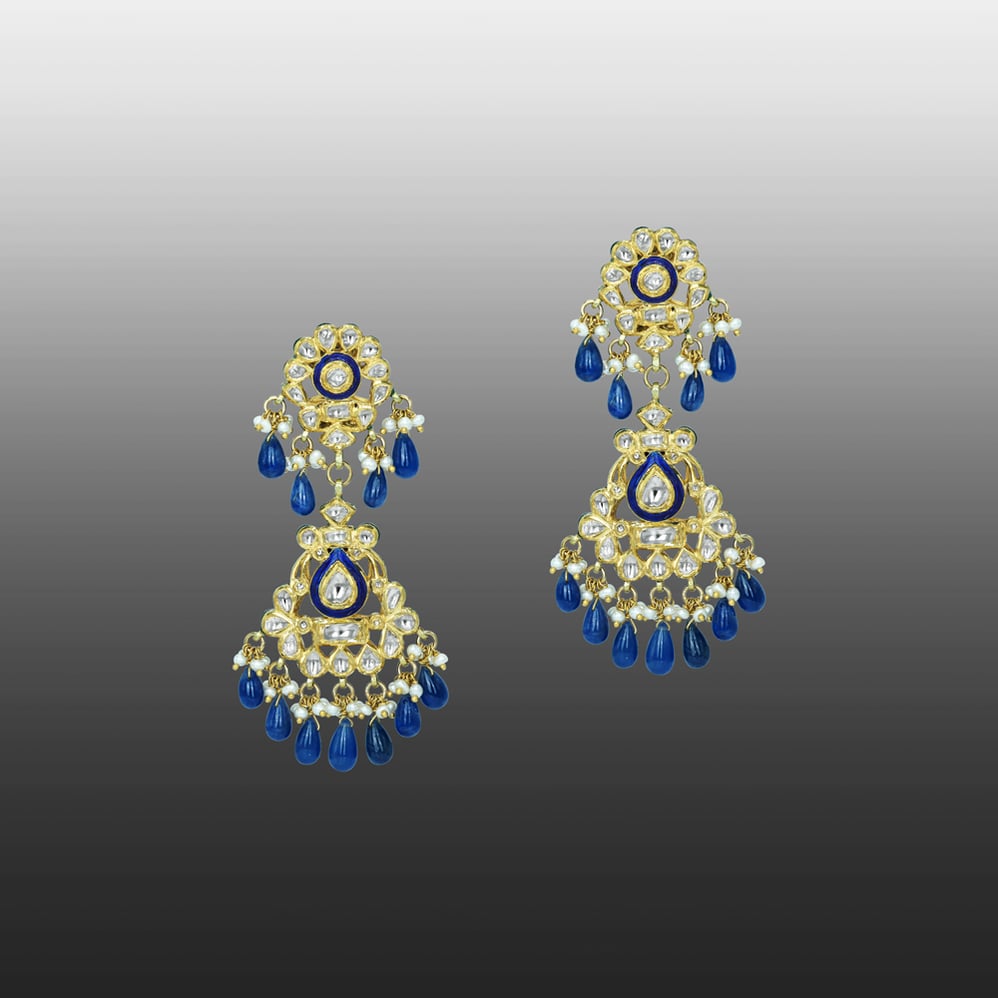 Polki Earrings with Blue Enamel and Ruby Bead Drops